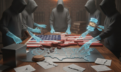 Hooded figures arrange a U.S. map and voting materials beneath a glowing clock, illustrating felony voting rights laws.