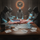 Hooded figures arrange a U.S. map and voting materials beneath a glowing clock, illustrating felony voting rights laws.