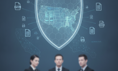 AI Cyber Defense Act concept with a glowing shield over a map of the United States and three businesspeople