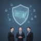 AI Cyber Defense Act concept with a glowing shield over a map of the United States and three businesspeople
