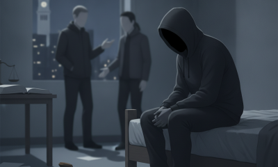 A hooded figure sits on a bed in a dimly lit room, while two indistinct figure — New York sexual consent intoxication laws