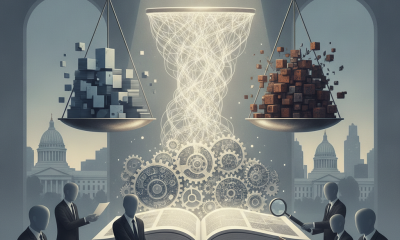 A conceptual illustration depicting a balanced scale with digital data and physical obje — Executive Settlement Review Act