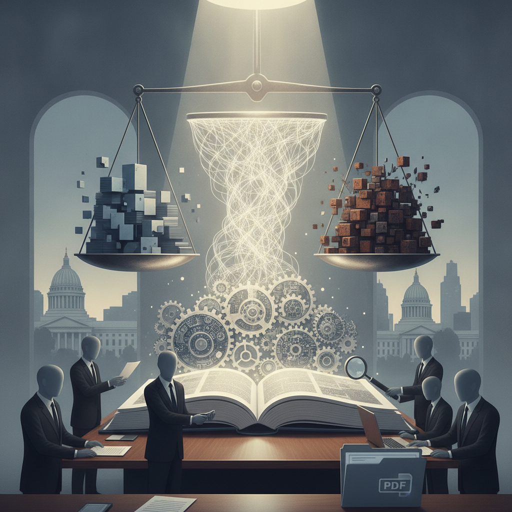 A conceptual illustration depicting a balanced scale with digital data and physical obje — Executive Settlement Review Act