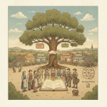 Illustration depicting a rural community gathering under a large tree, with signs for — Faith and Rural Small Business Act