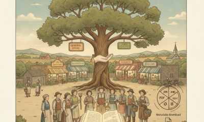 Illustration depicting a rural community gathering under a large tree, with signs for — Faith and Rural Small Business Act