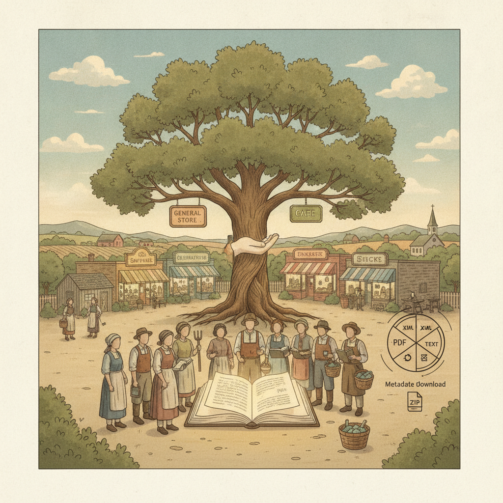 Illustration depicting a rural community gathering under a large tree, with signs for — Faith and Rural Small Business Act