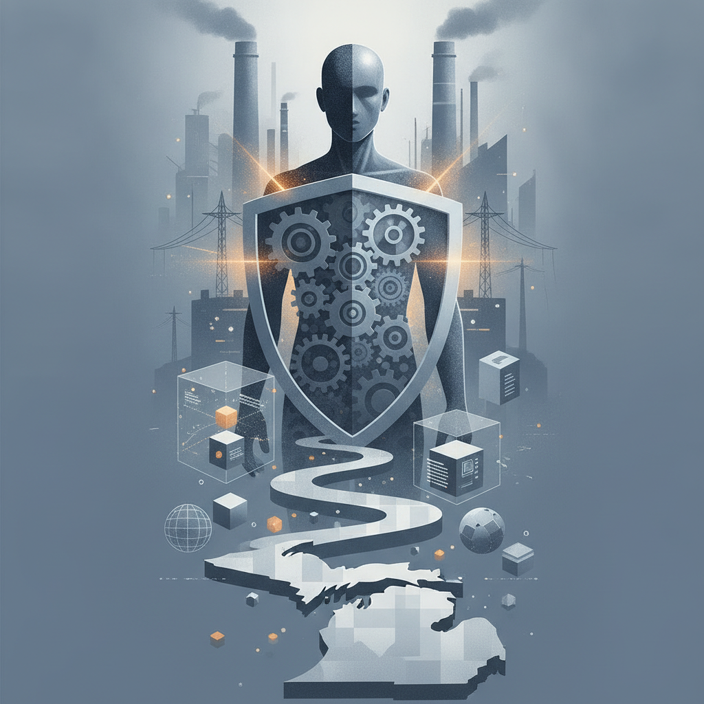 A conceptual illustration depicting a figure with a shield made of gears, symbolizing protection for — HR 10759 TRADE Act