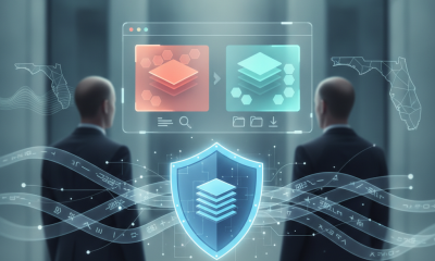 Two businessmen observing digital data security graphics related to the Know Your Sanctioned Securities Act.
