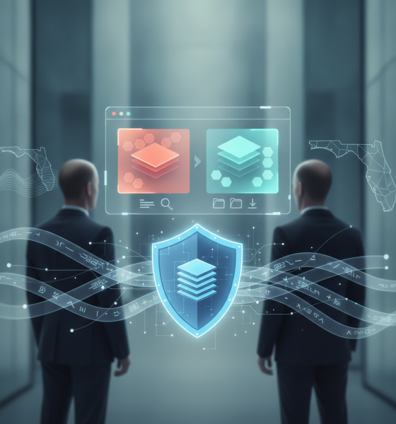 Two businessmen observing digital data security graphics related to the Know Your Sanctioned Securities Act.