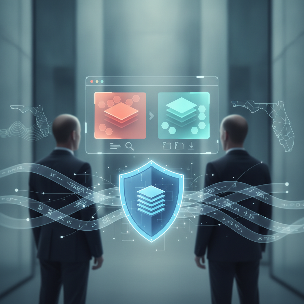 Two businessmen observing digital data security graphics related to the Know Your Sanctioned Securities Act.