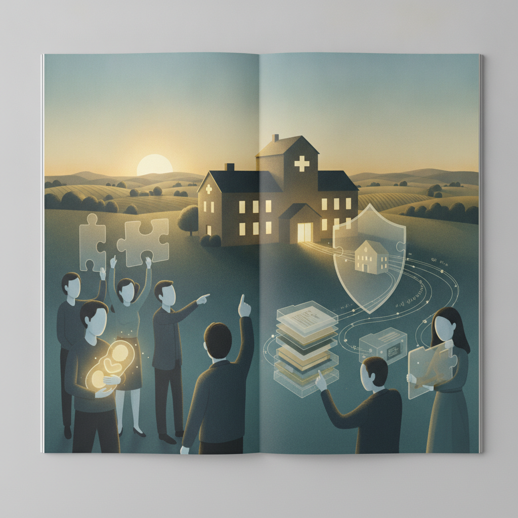 Illustration depicting a rural hospital with community members advocating for m — Maternity Care for Rural Communities Act
