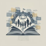 Illustration of an open book with silhouettes of families and a school, symbol — Religious Education Liberty Assurance Act