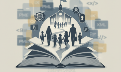 Illustration of an open book with silhouettes of families and a school, symbol — Religious Education Liberty Assurance Act