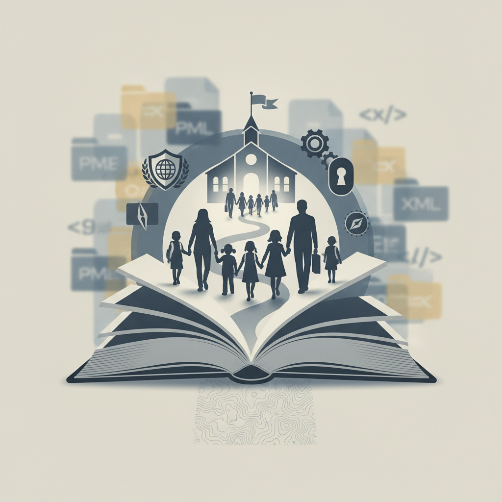 Illustration of an open book with silhouettes of families and a school, symbol — Religious Education Liberty Assurance Act