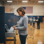 A woman votes in a gymnasium, reflecting concerns about Trump tariffs and rising l — Trump tariffs cost of living Virginia
