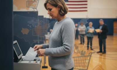 A woman votes in a gymnasium, reflecting concerns about Trump tariffs and rising l — Trump tariffs cost of living Virginia