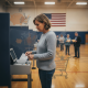 A woman votes in a gymnasium, reflecting concerns about Trump tariffs and rising l — Trump tariffs cost of living Virginia