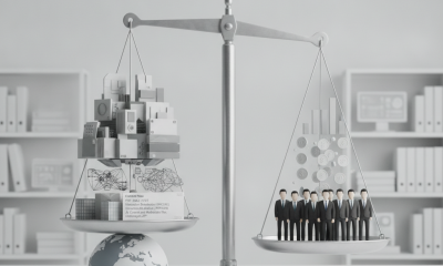 A balanced scale with business elements on one side and a group of business professionals on t — HR 10646 Defense Agencies