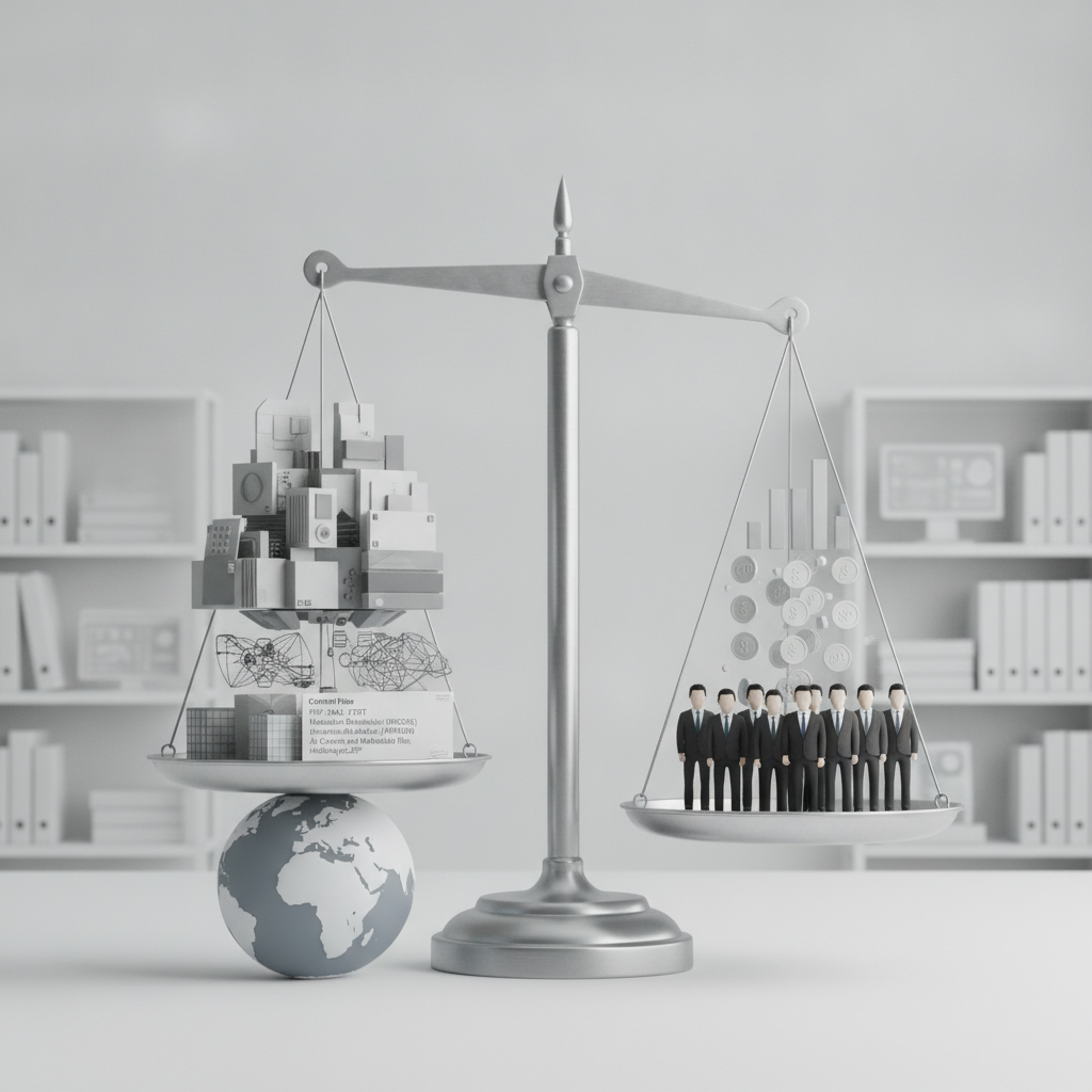 A balanced scale with business elements on one side and a group of business professionals on t — HR 10646 Defense Agencies