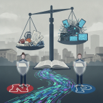 Illustration depicting a scale balancing sports equipment and technology, symbolizing the Fair Play Enforcement Act's impa…