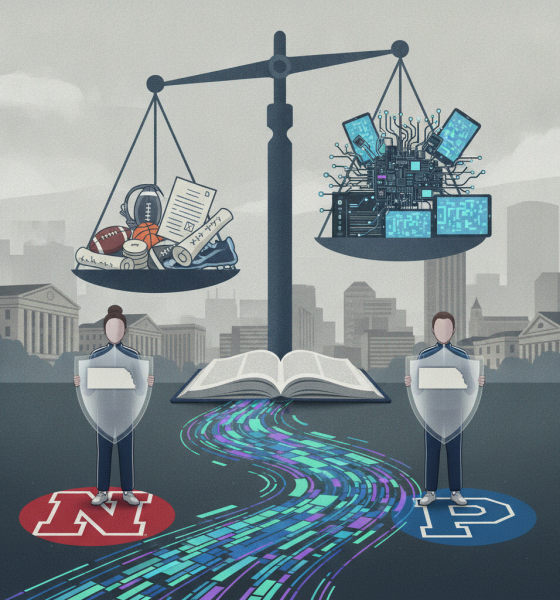Illustration depicting a scale balancing sports equipment and technology, symbolizing the Fair Play Enforcement Act's impa…