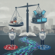 Illustration depicting a scale balancing sports equipment and technology, symbolizing the Fair Play Enforcement Act's impa…