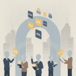 Illustration of people interacting with digital files like PDF, XML, and ZIP in a cityscape, representi — FTC Autonomy Act