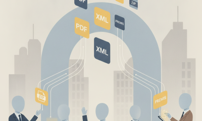 Illustration of people interacting with digital files like PDF, XML, and ZIP in a cityscape, representi — FTC Autonomy Act