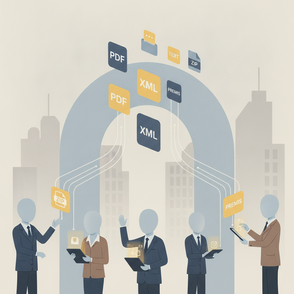 Illustration of people interacting with digital files like PDF, XML, and ZIP in a cityscape, representi — FTC Autonomy Act