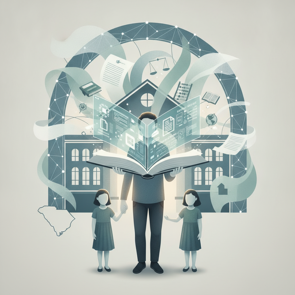 An illustration depicting a person holding an open book with educational symbols, accompanied — School Freedom Act of 2026