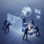 Illustration of figures working together on digital data blocks, symbolizing collaboration on the HR 10757 UN funding bill.