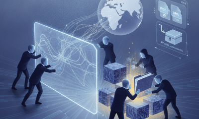 Illustration of figures working together on digital data blocks, symbolizing collaboration on the HR 10757 UN funding bill.
