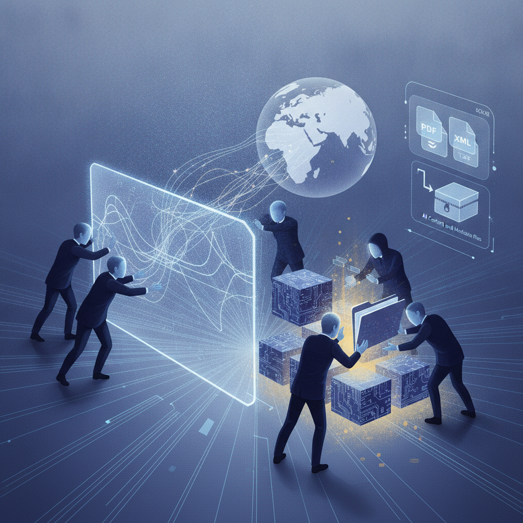 Illustration of figures working together on digital data blocks, symbolizing collaboration on the HR 10757 UN funding bill.