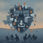 An abstract illustration depicting cyber security with a central figure behind a shield, surrounded by document — HR 10777