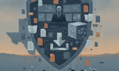 An abstract illustration depicting cyber security with a central figure behind a shield, surrounded by document — HR 10777