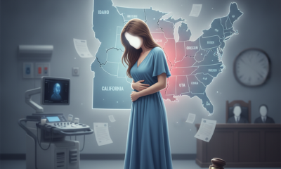 Pregnant woman in a blue dress holds her abdomen before a map of Idaho and neig — Idaho abortion ban fatal fetal diagnosis