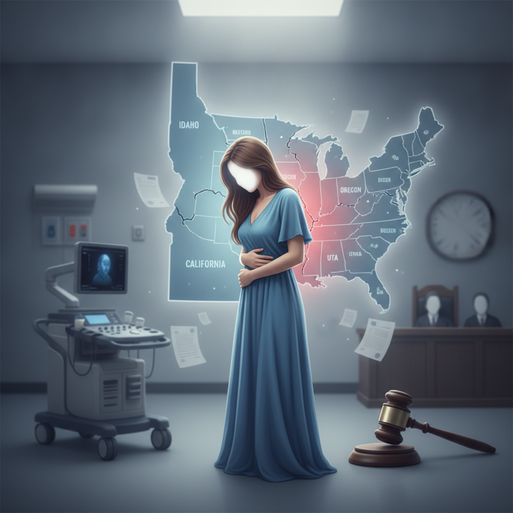 Pregnant woman in a blue dress holds her abdomen before a map of Idaho and neig — Idaho abortion ban fatal fetal diagnosis