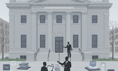 Three figures discussing documents outside a grand building, symbolizing the renamin — Detective Allan Reddins Post Office