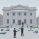 Three figures discussing documents outside a grand building, symbolizing the renamin — Detective Allan Reddins Post Office