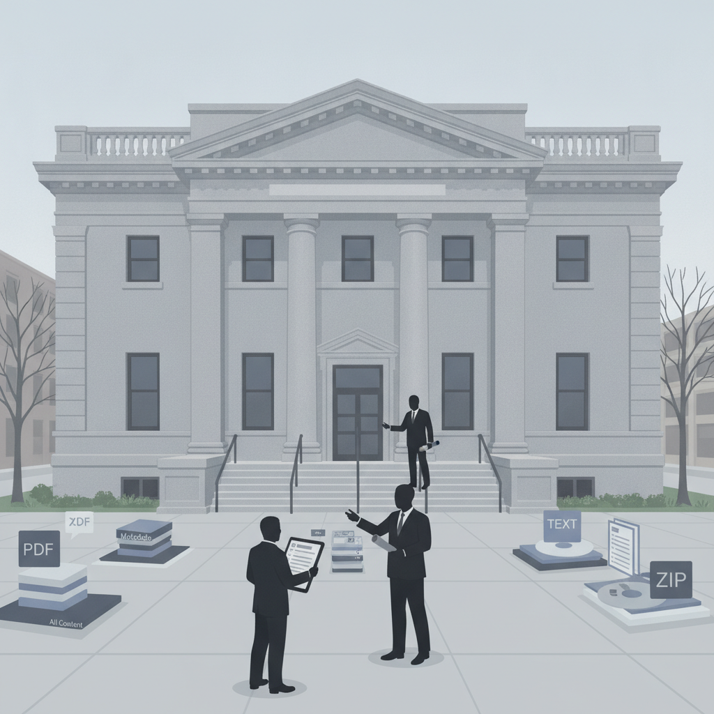 Three figures discussing documents outside a grand building, symbolizing the renamin — Detective Allan Reddins Post Office