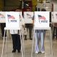 Voters stand at white voting booths with American flag and “I Vote” signs; DOJ Election Subpoenas Los Angeles County i…