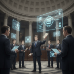 Illustrated lawmakers review documents beneath glowing digital displays in a domed chamber — H Res 1645 Oxi Day resolution
