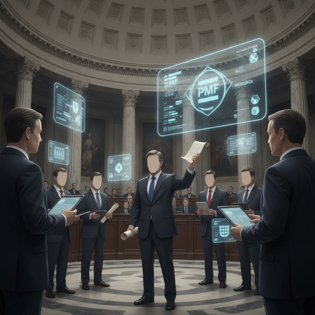 Illustrated lawmakers review documents beneath glowing digital displays in a domed chamber — H Res 1645 Oxi Day resolution