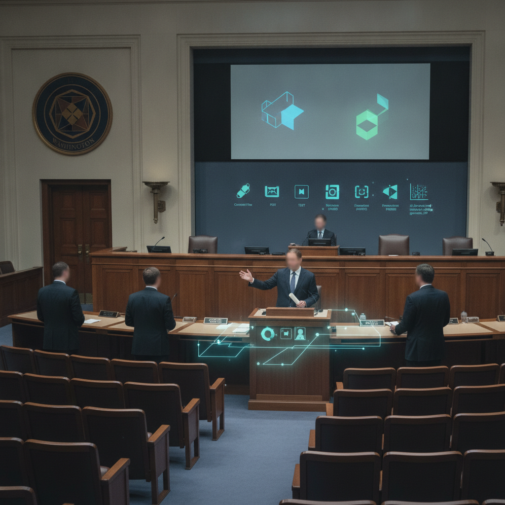 Lawmakers discussing the National Patient Safety Board Act of 2026 in a legislative chamber with digital graphics.