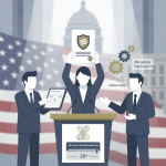 Illustration of lawmakers presenting a document at a podium, with a U.S. flag and met — Veteran Breast Cancer Fairness Act