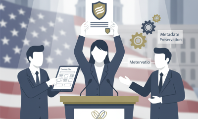 Illustration of lawmakers presenting a document at a podium, with a U.S. flag and met — Veteran Breast Cancer Fairness Act