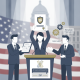 Illustration of lawmakers presenting a document at a podium, with a U.S. flag and met — Veteran Breast Cancer Fairness Act