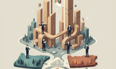 Illustration of timber high-rises and suited figures above a forest landscape for the Mass Timber Growth and Innovation Act