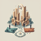 Illustration of timber high-rises and suited figures above a forest landscape for the Mass Timber Growth and Innovation Act