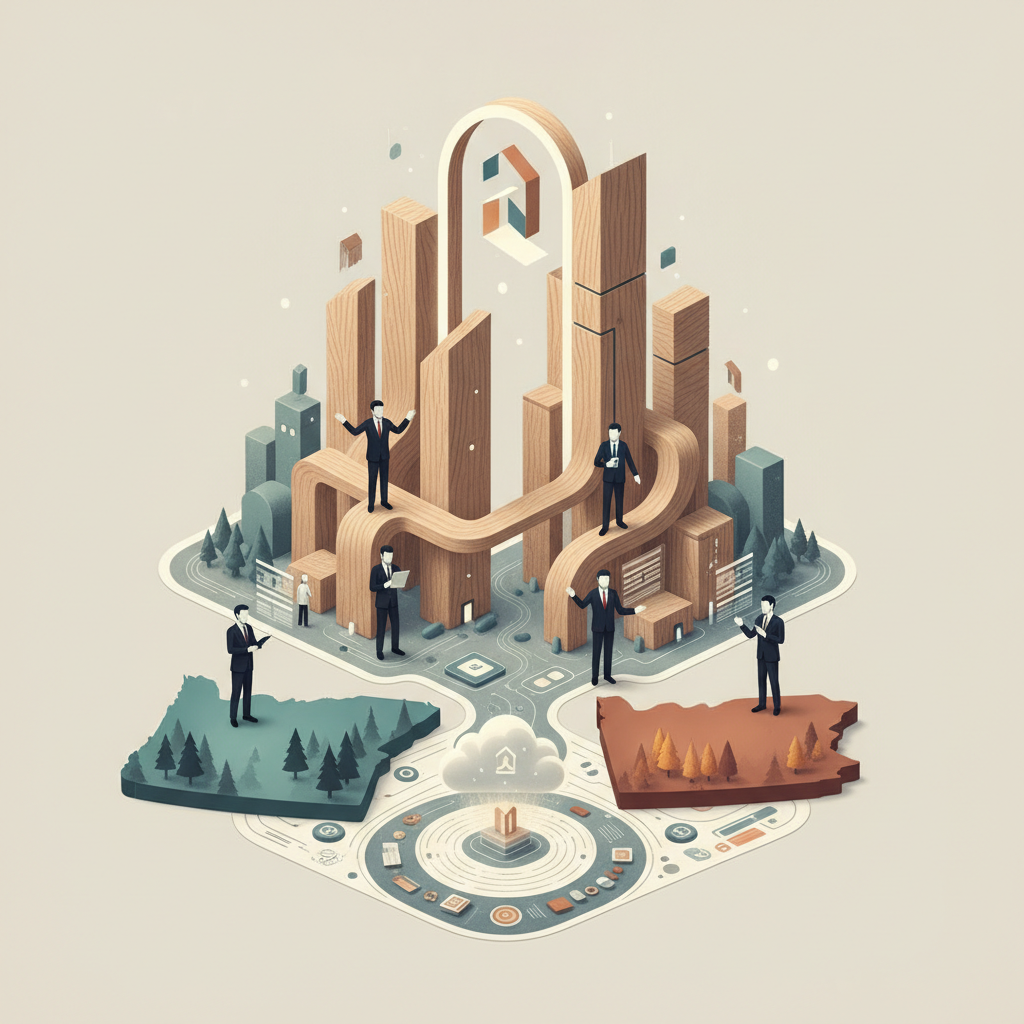 Illustration of timber high-rises and suited figures above a forest landscape for the Mass Timber Growth and Innovation Act